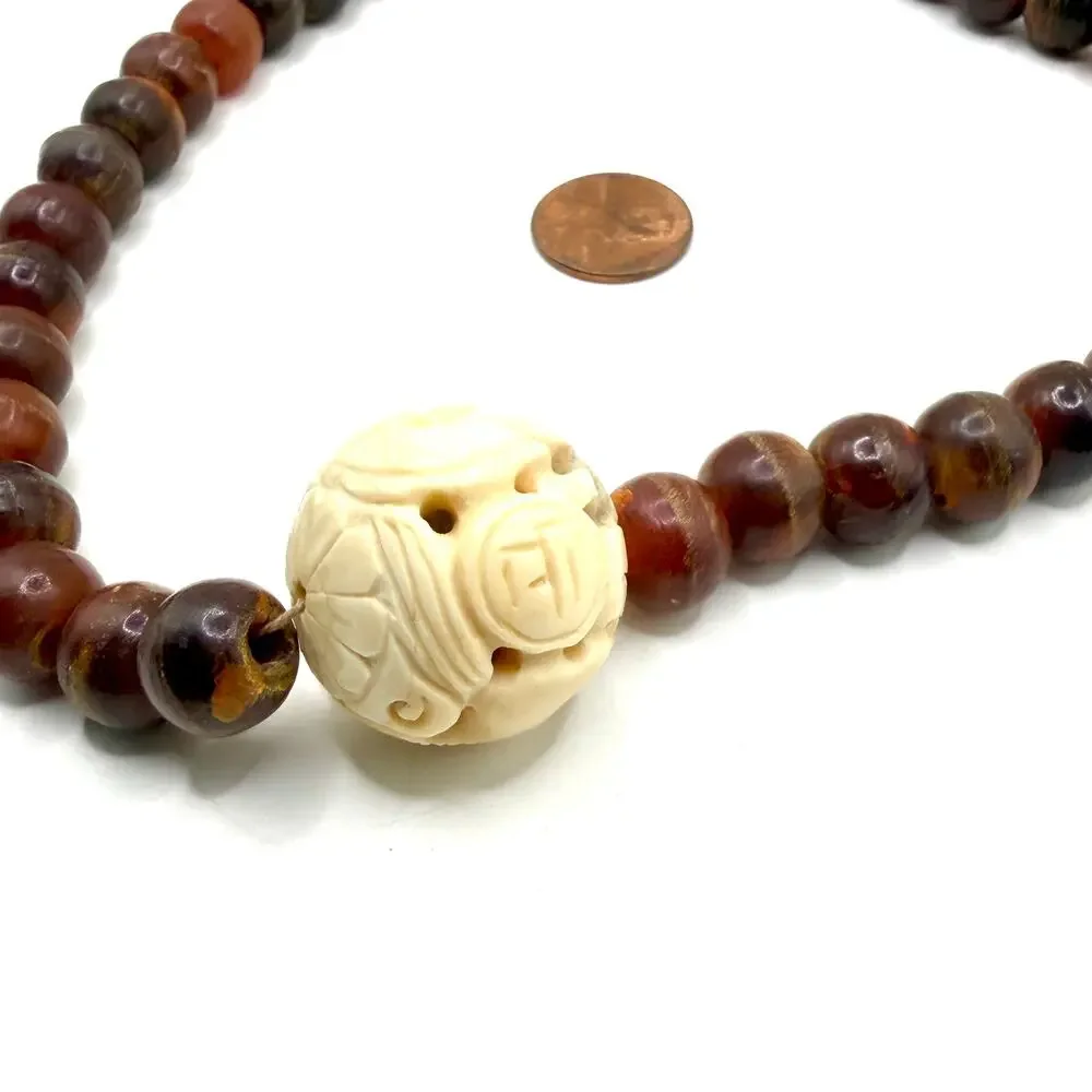 Vintage 90s Red Brown Resin Carved Bone Ram Character Statement Necklace